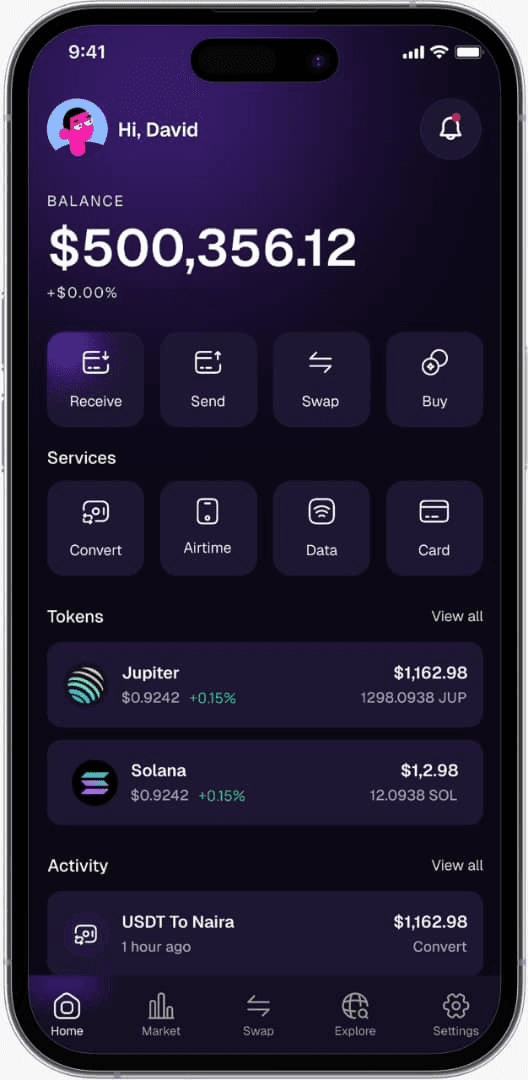 Jericho Wallet mobile app homepage